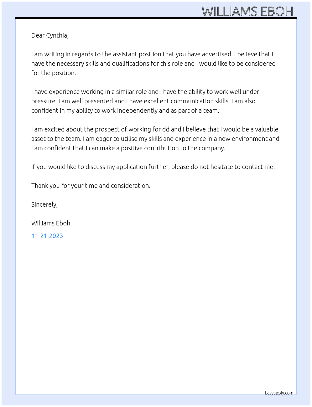 A well presented assistant At dd Cover Letter