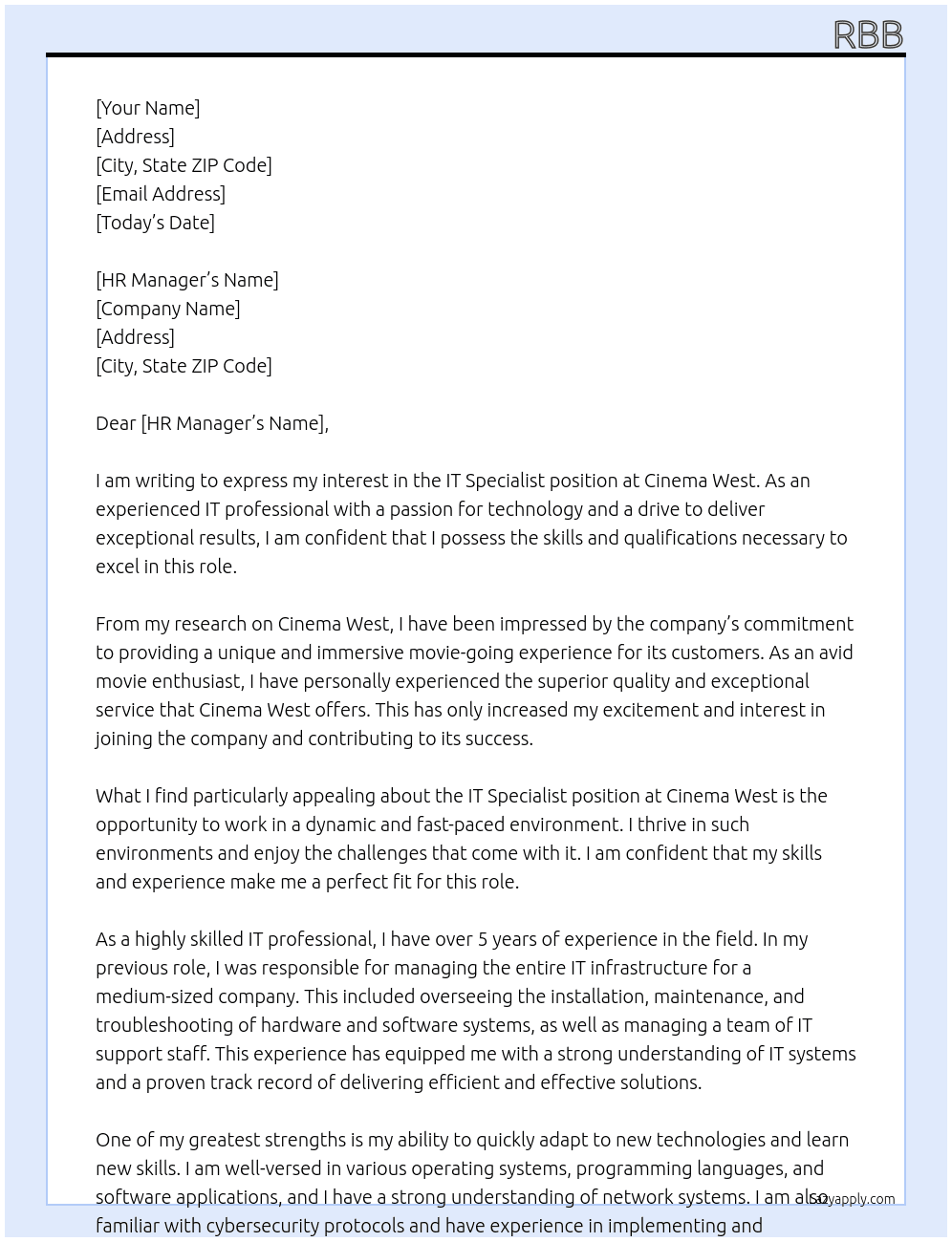 it specialist At cinema west Cover Letter