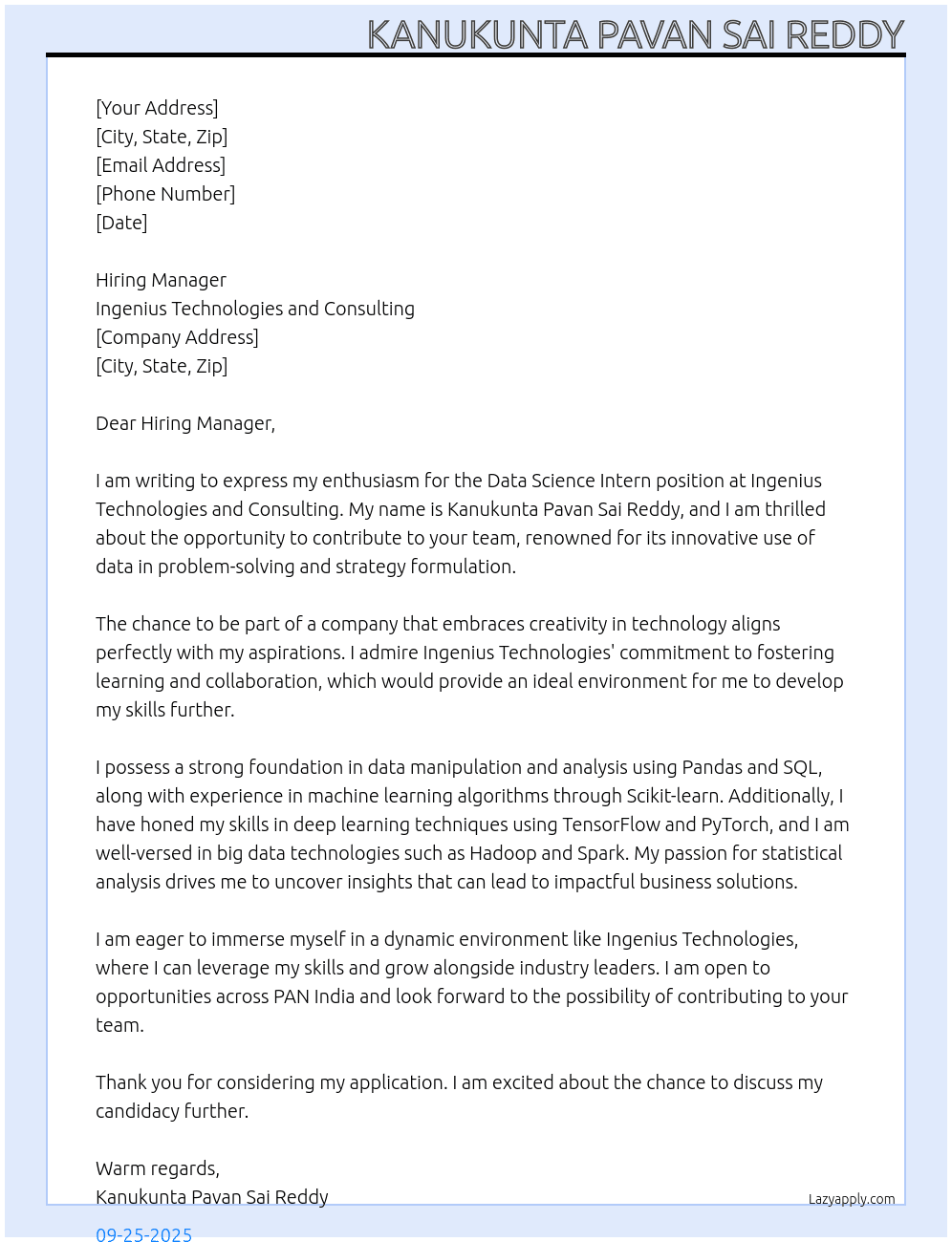 DATA SCIENCE INTERN At Ingenius Technologies and Consulting Cover Letter