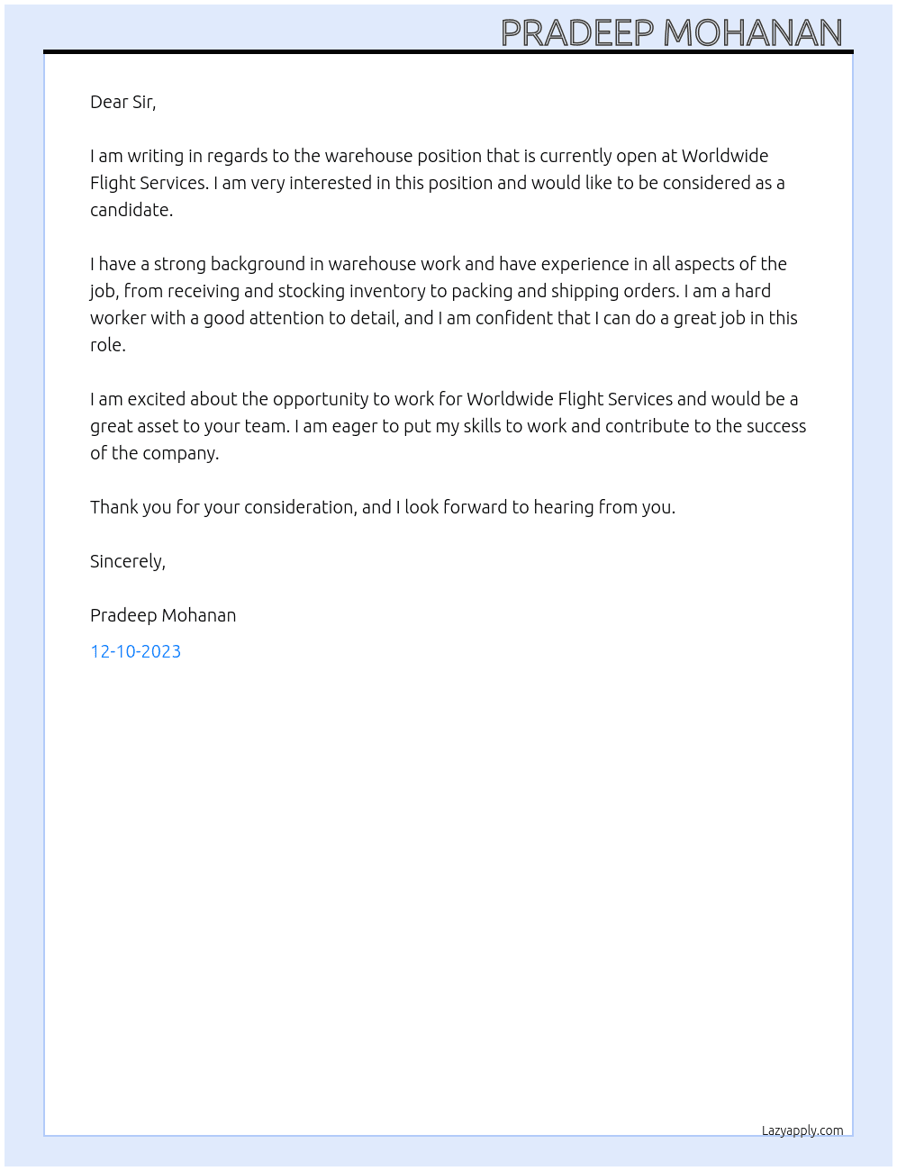 Warehouse  At Worldwide Flight Services Cover Letter
