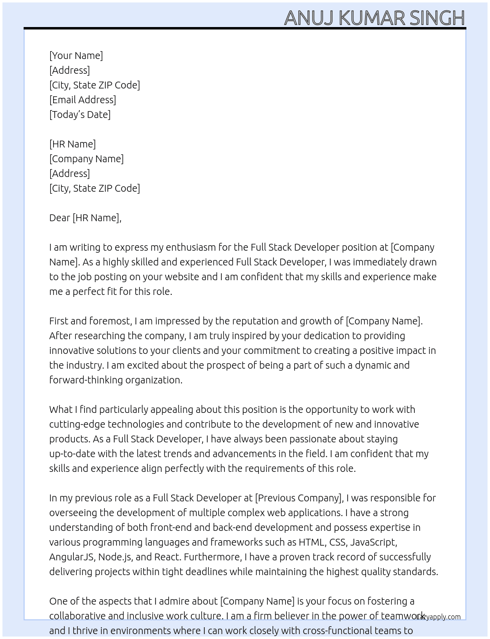 Full Stack Developer At WHTL Cover Letter