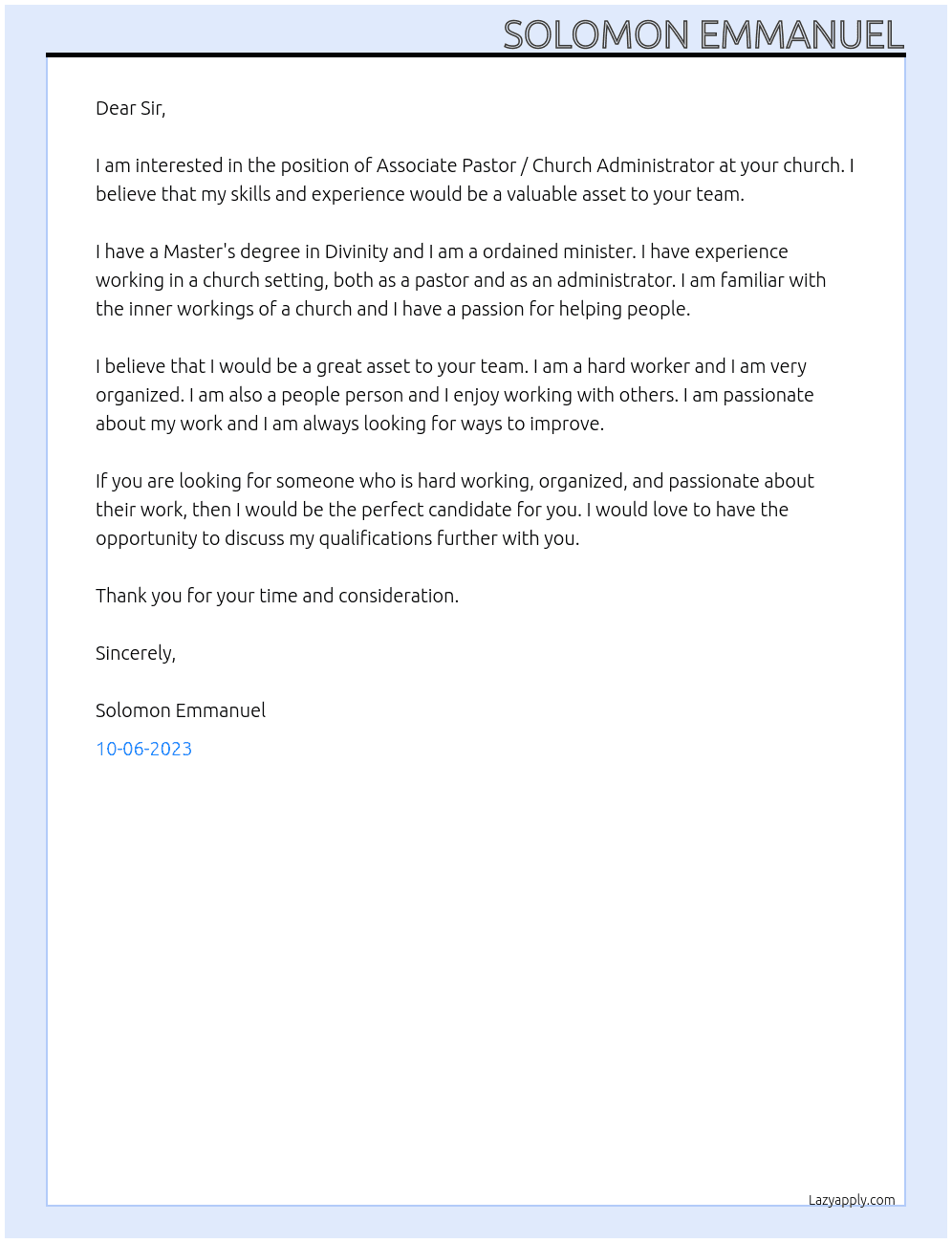 Associate Pastor / Church Administrator At Church Cover Letter