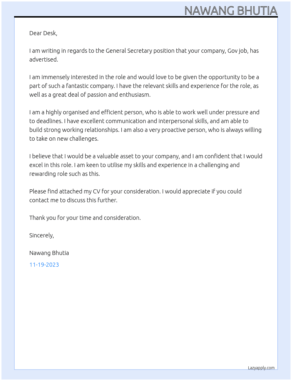 General secetary At Gov job Cover Letter