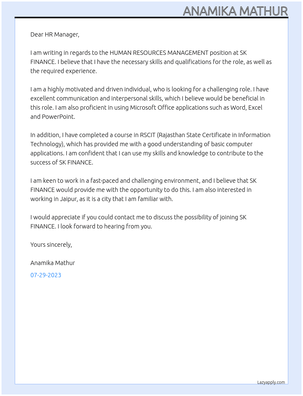 HUMAN RESOURCES MANAGEMENT At SK FINANCE Cover Letter
