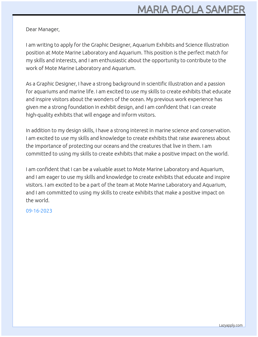 Graphic Designer, Aquarium Exhibits and Science Illustration At Mote Marine Laboratory and Aquarium. Cover Letter