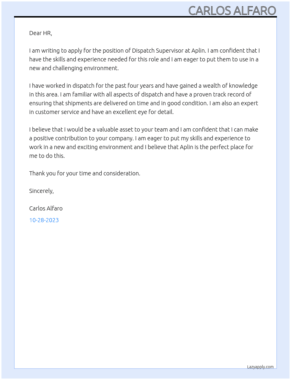 Dispatch Supervisor At Aplin Cover Letter