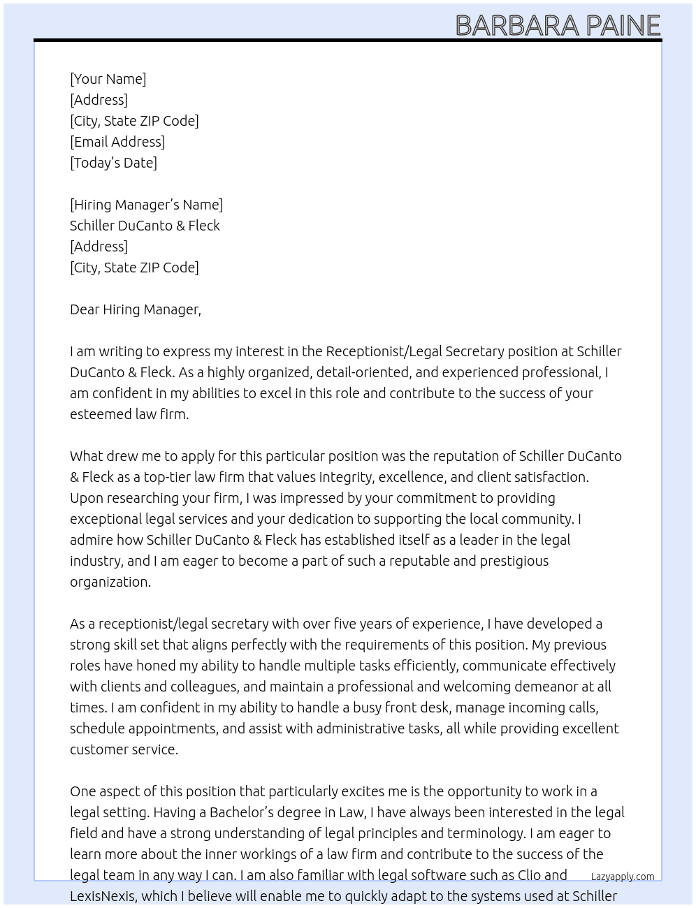 Receptionist / Legal Secretary At Schiller DuCanto & Fleck Cover Letter