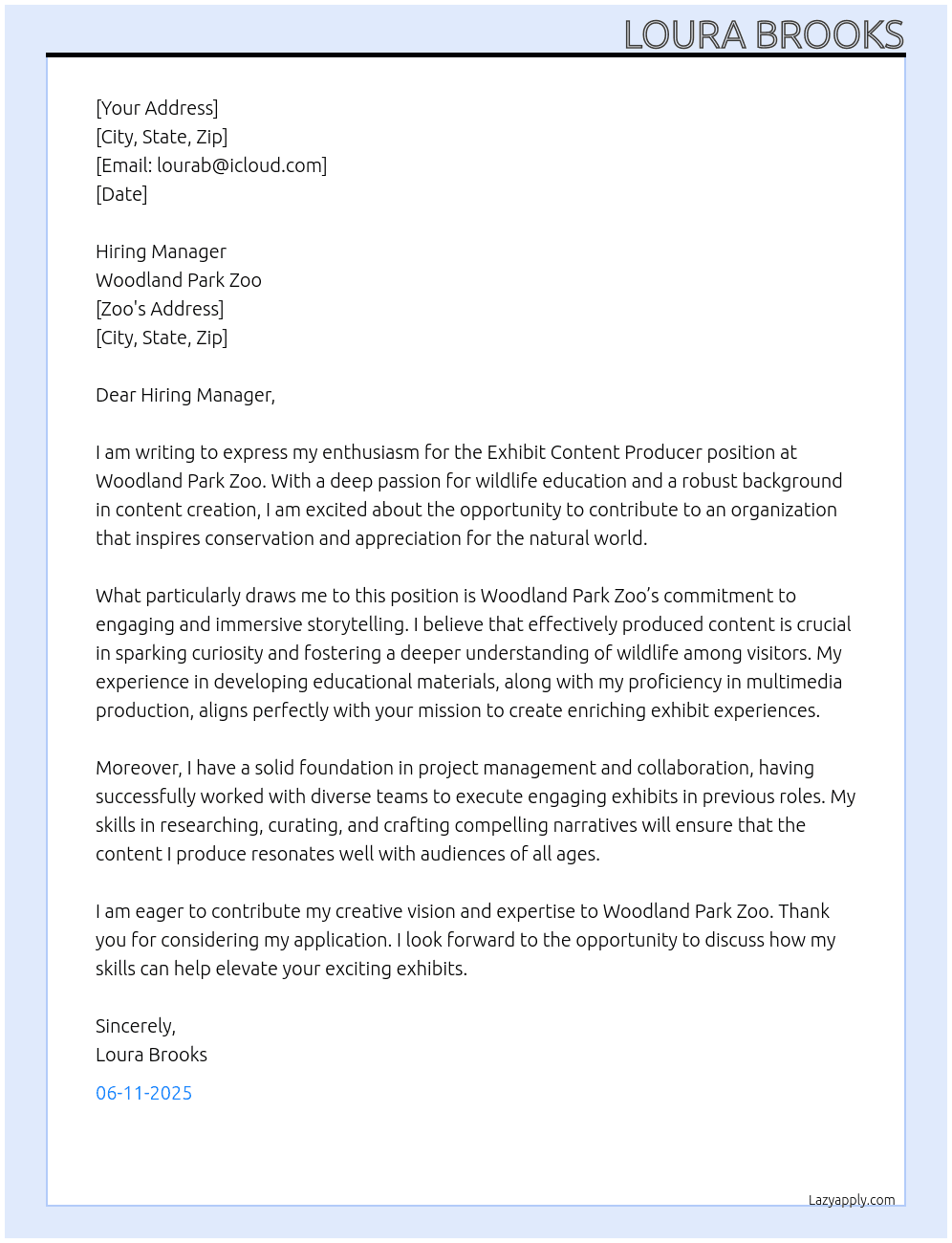 Exhibit Content Producer At Woodland Park Zoo Cover Letter
