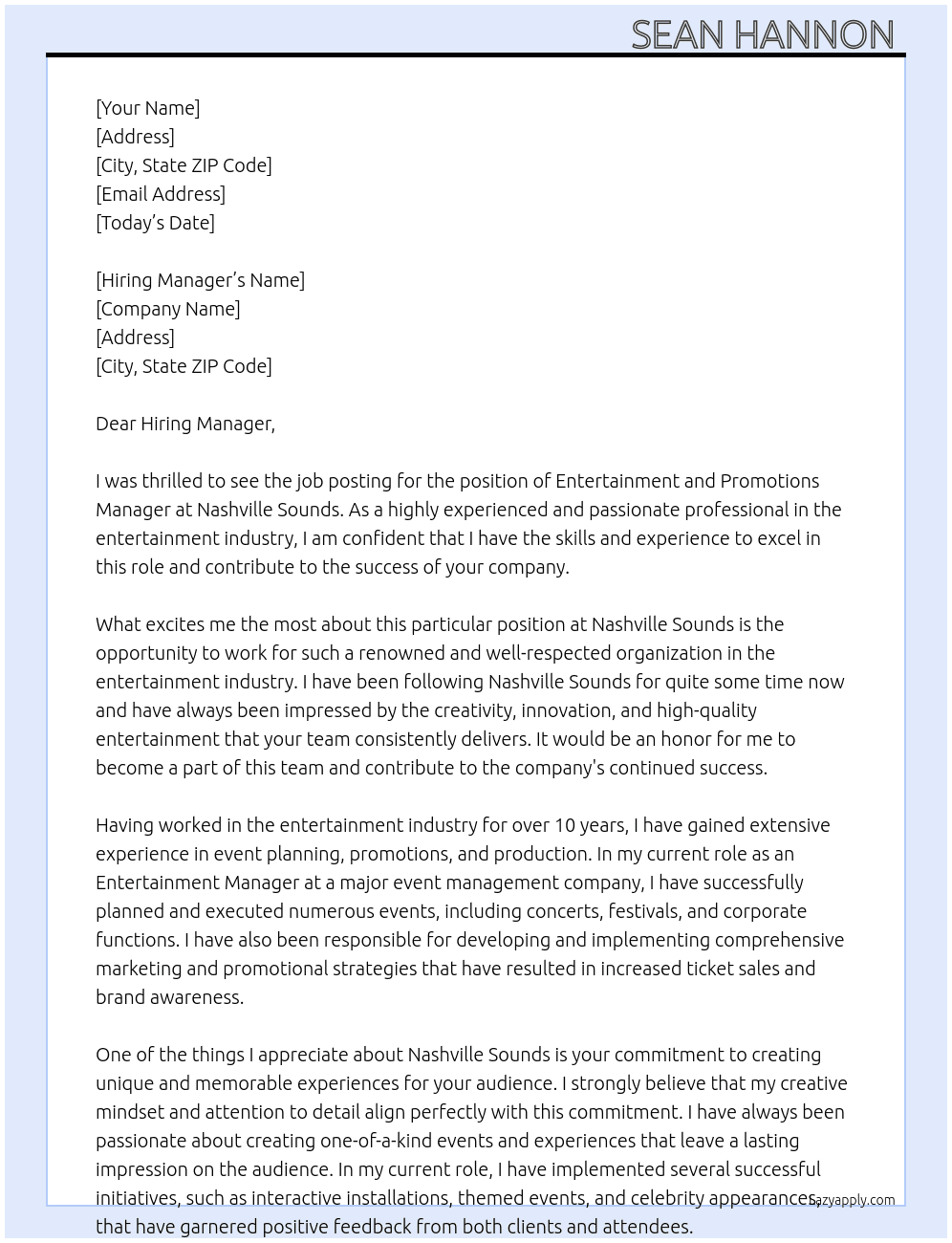 Entertainment and Promotions Manager At Nashville Sounds  Cover Letter
