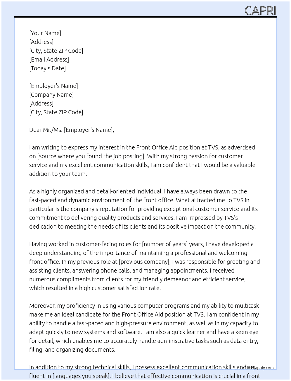 Front office aid At TVS Cover Letter
