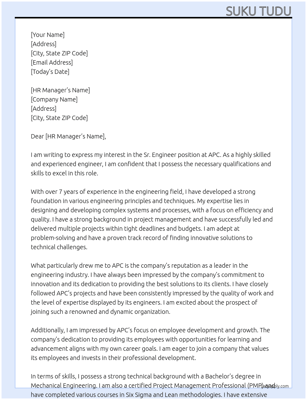 Sr. Engineer  At apc  Cover Letter