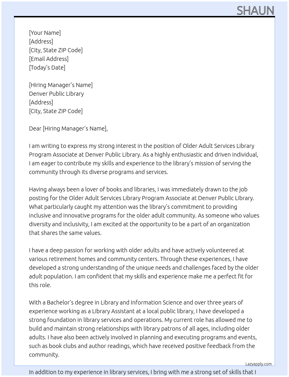 0lder adult services library program associate At denver public library Cover Letter