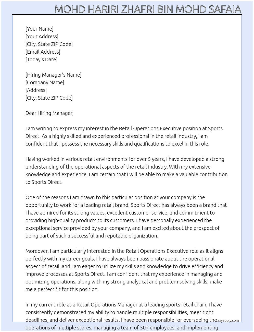 Retail Operations Executive At Sports Direct Cover Letter
