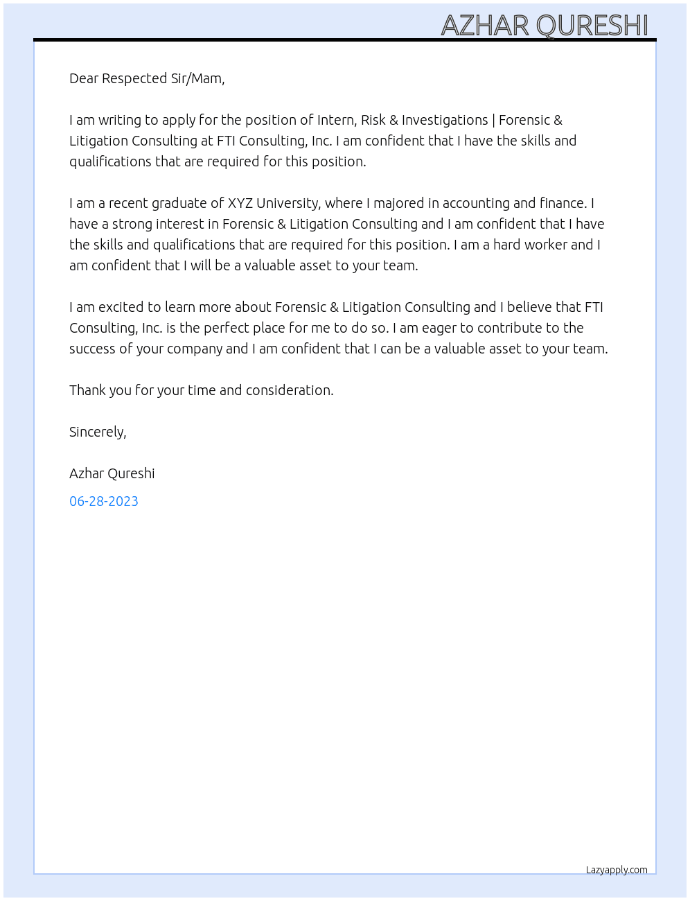  Intern, Risk & Investigations | Forensic & Litigation Consulting At FTI Consulting, Inc. Cover Letter