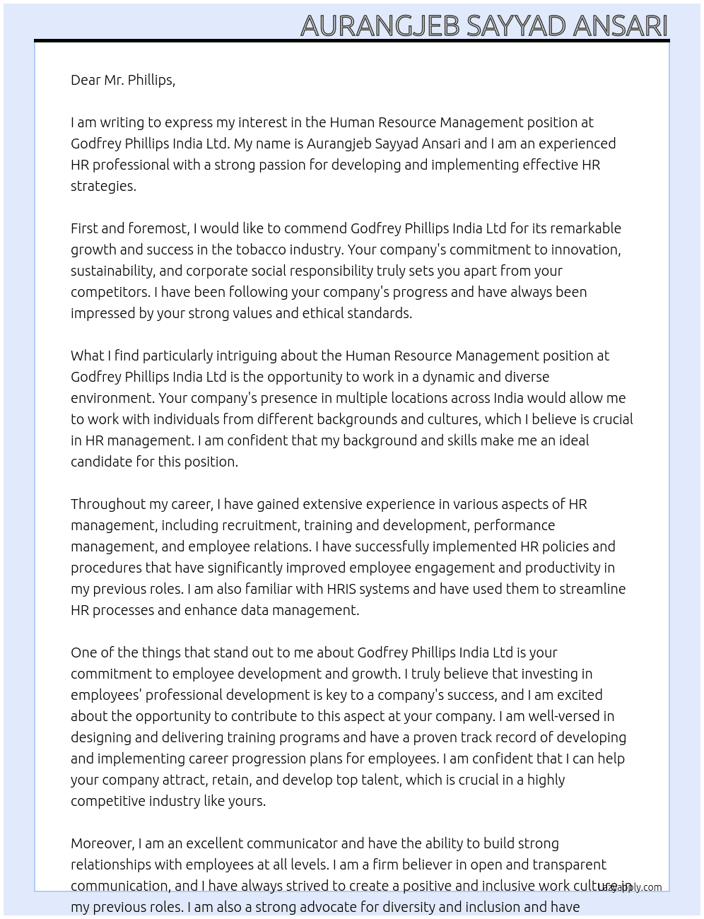 Human Resource management  At Godfrey Phillips India Ltd  Cover Letter
