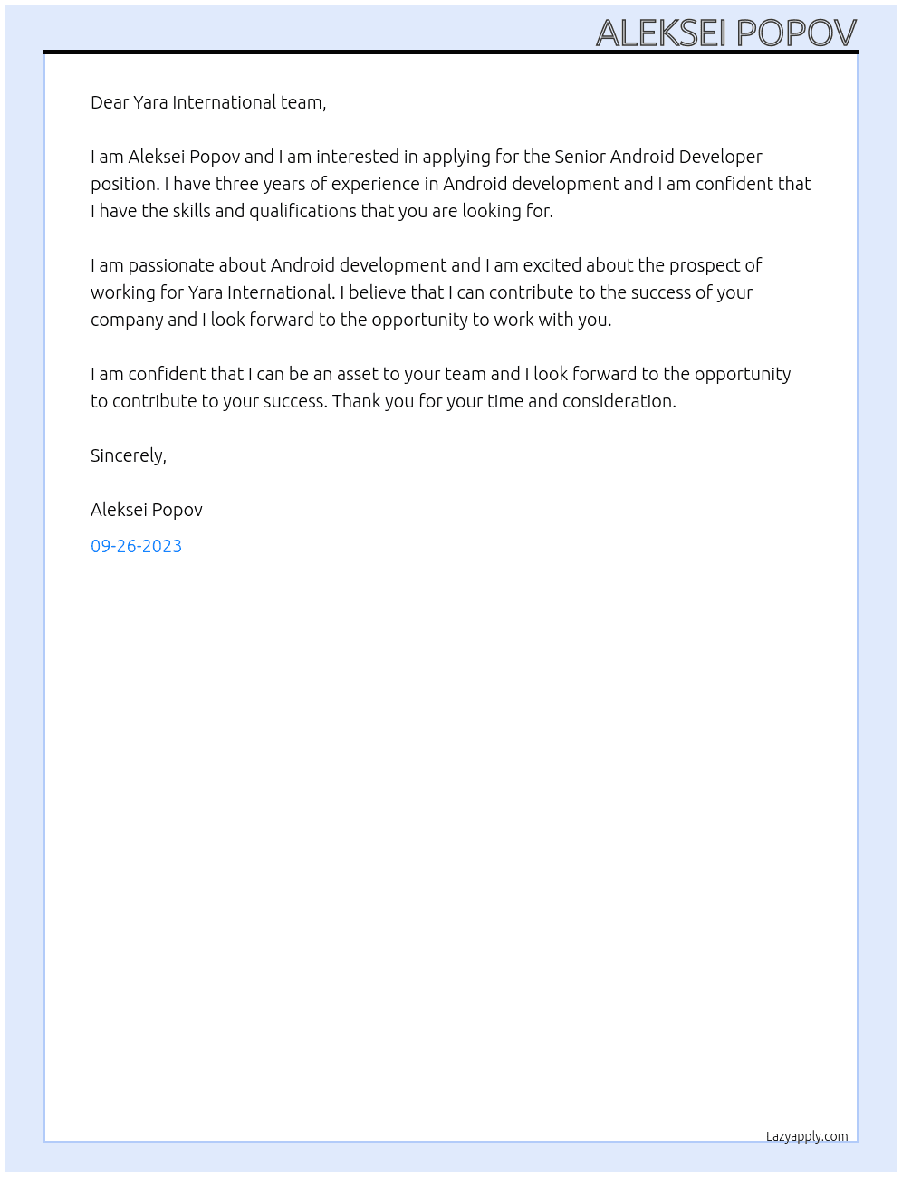 Senior Android Developer At Yara International Cover Letter