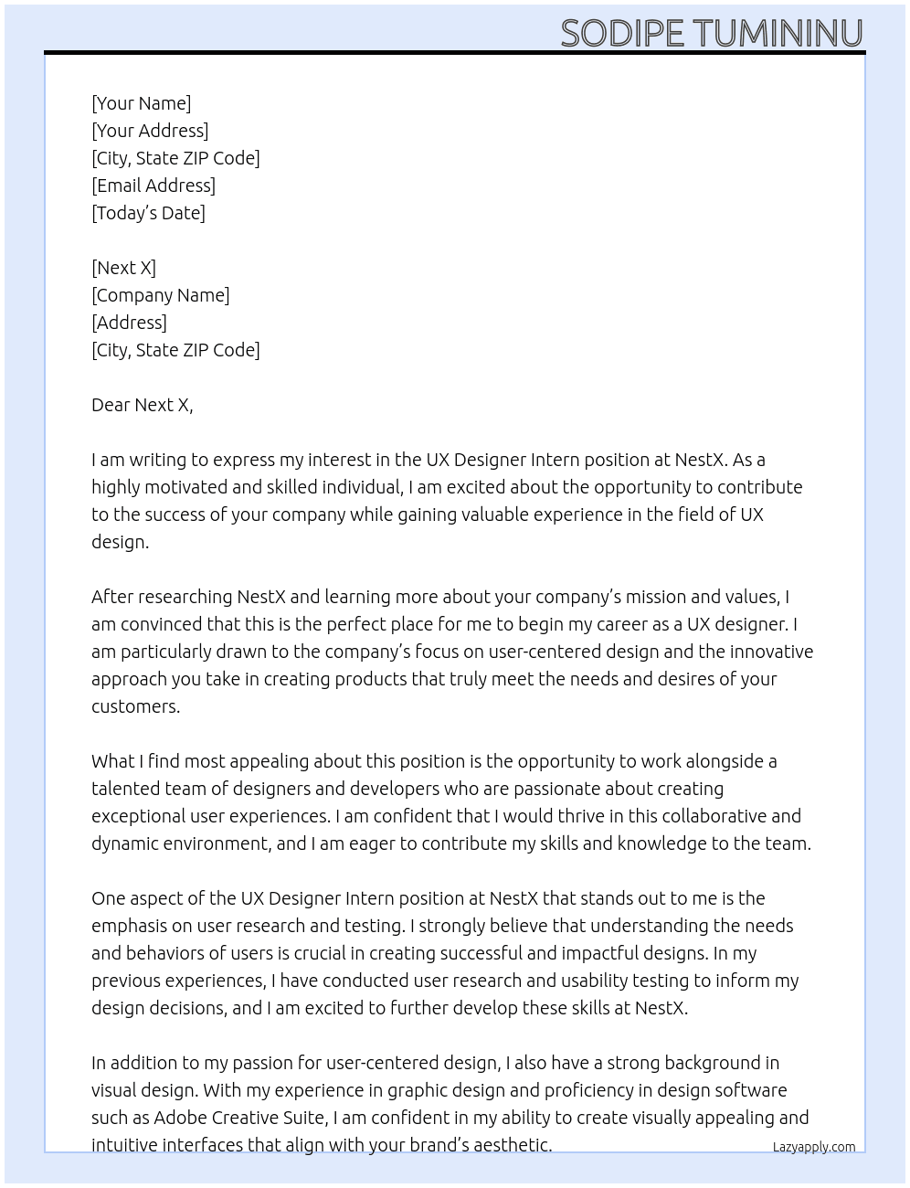 UX Designer Intern  At NestX Cover Letter