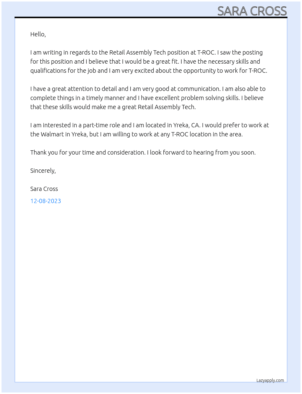 Retail Assembly Tech  At T-ROC  Cover Letter