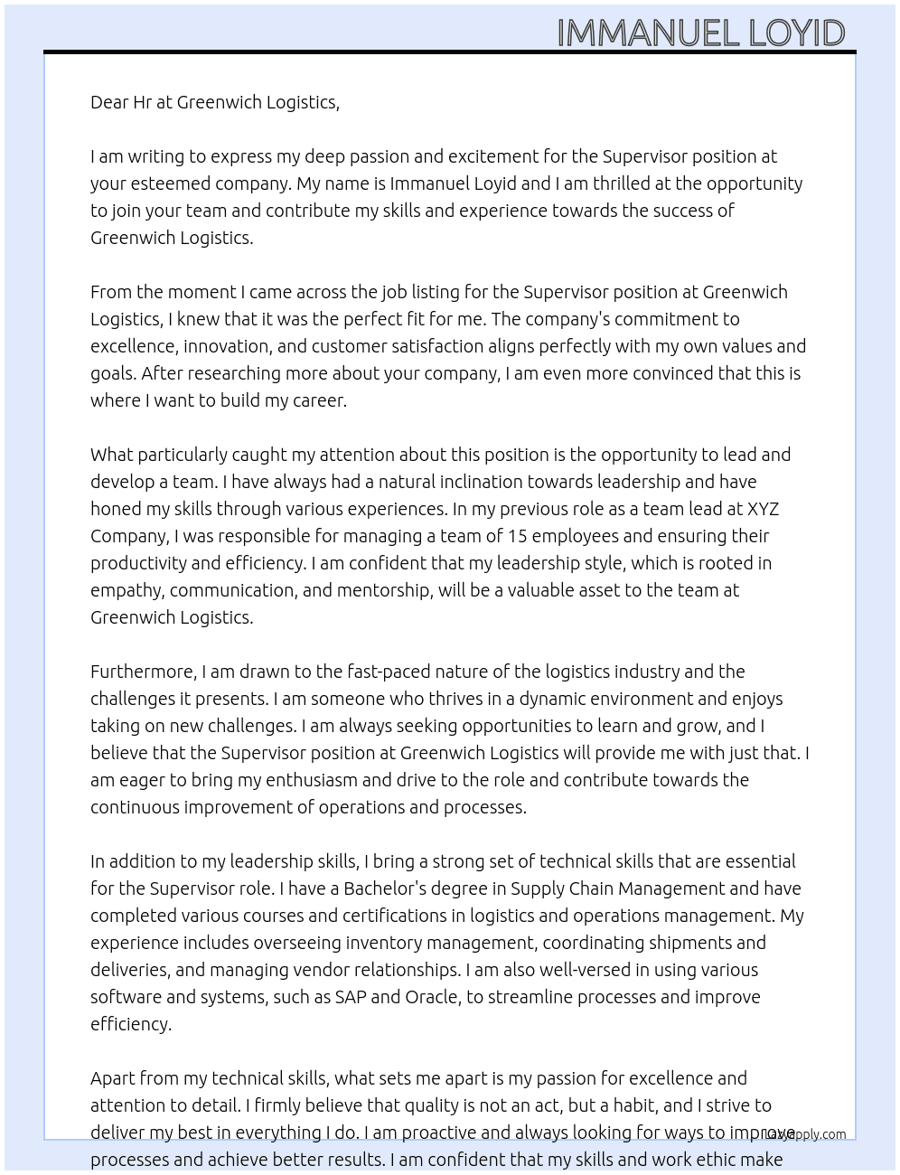 Supervisor  At Greenwich logistics  Cover Letter