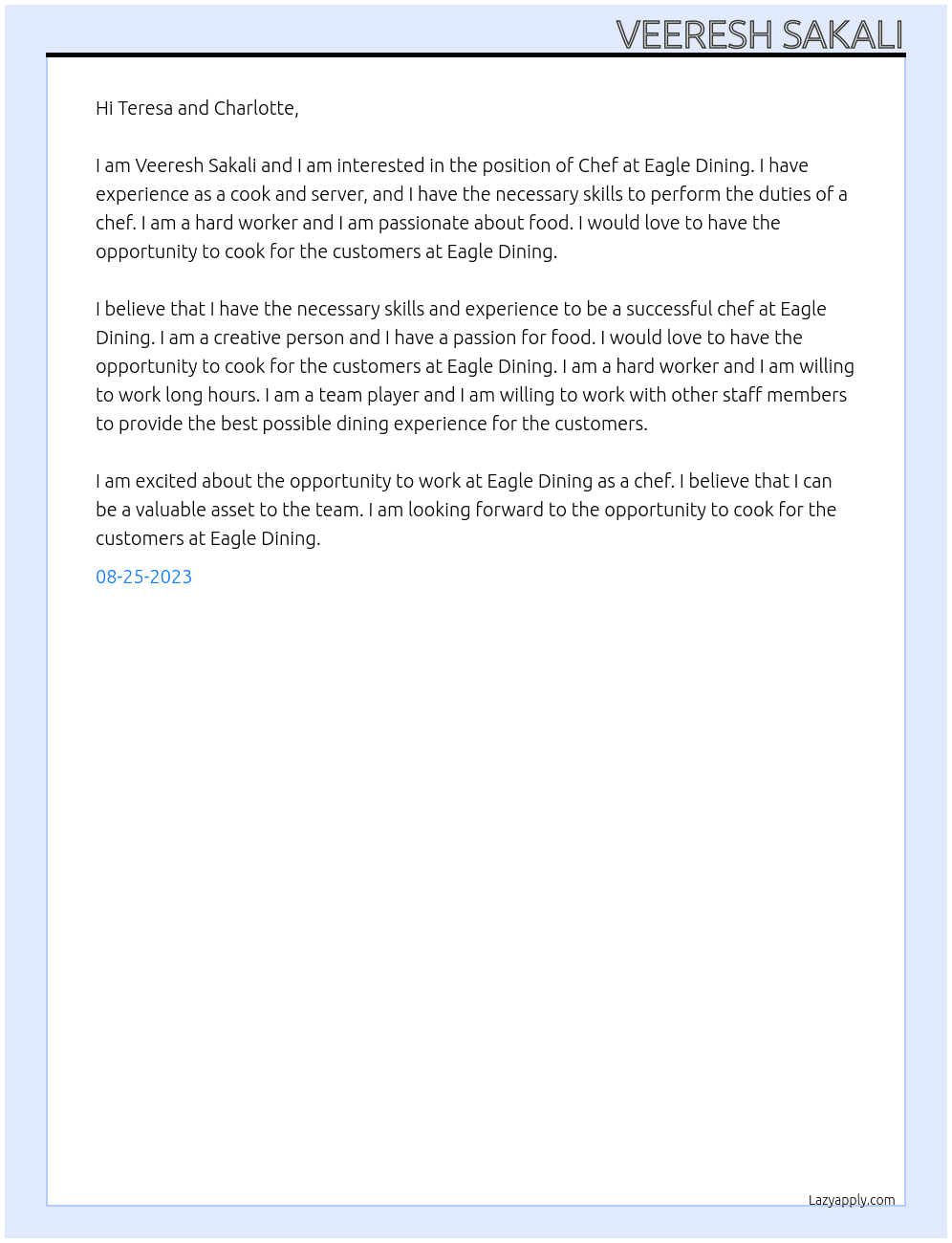 Chef At Eagle Dining Cover Letter