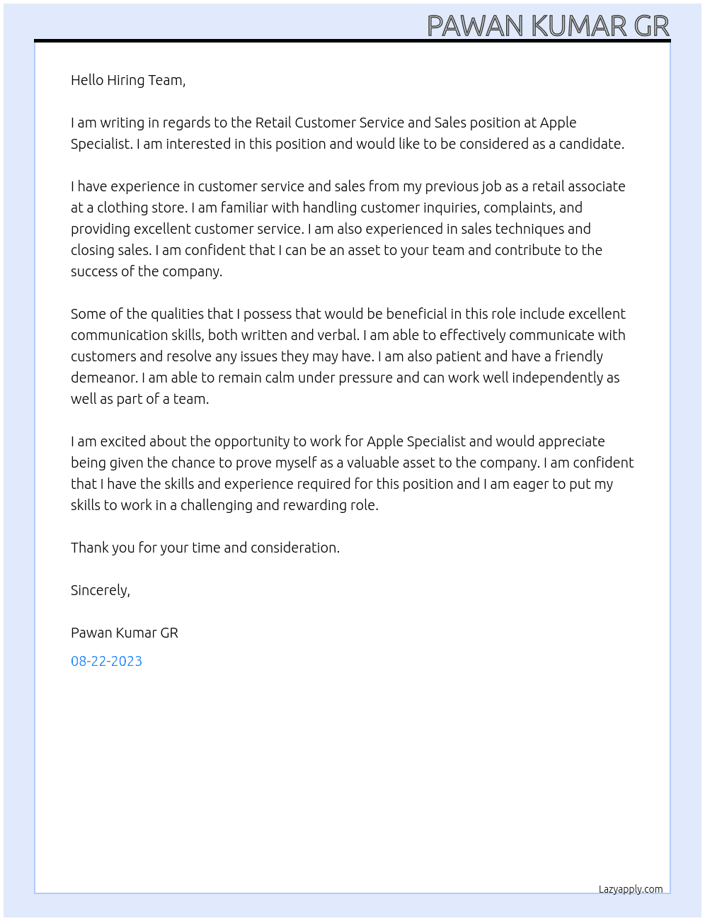 Retail Customer Service and Sales  At Apple Specialist Cover Letter