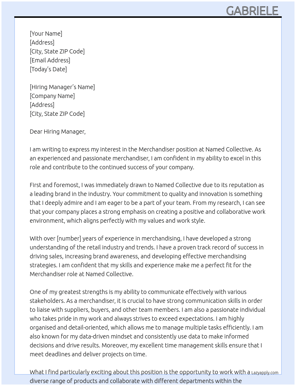 Merchandiser  At Named Collective  Cover Letter
