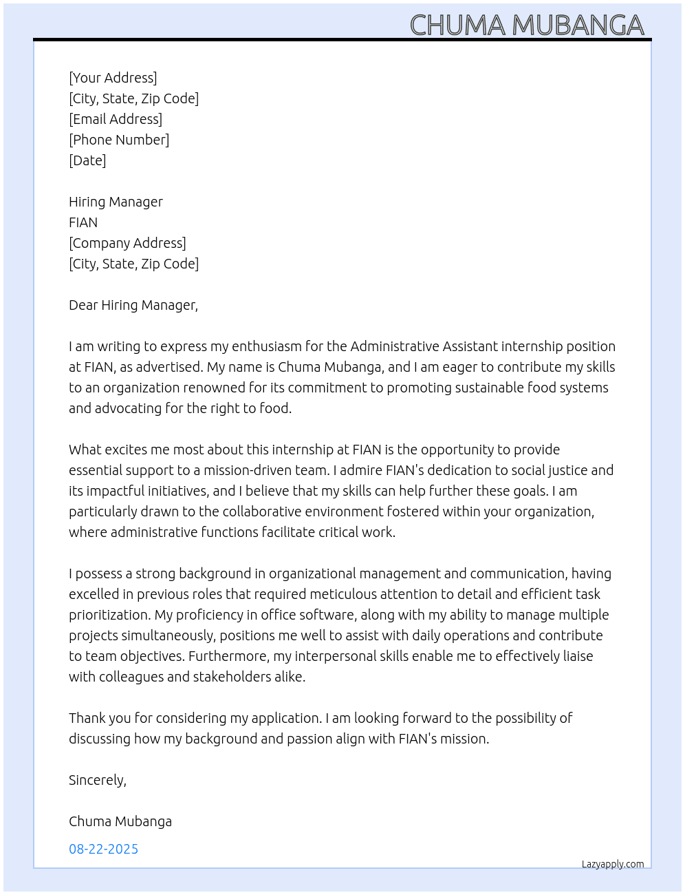 Administrative Assistant  At FIAN Cover Letter