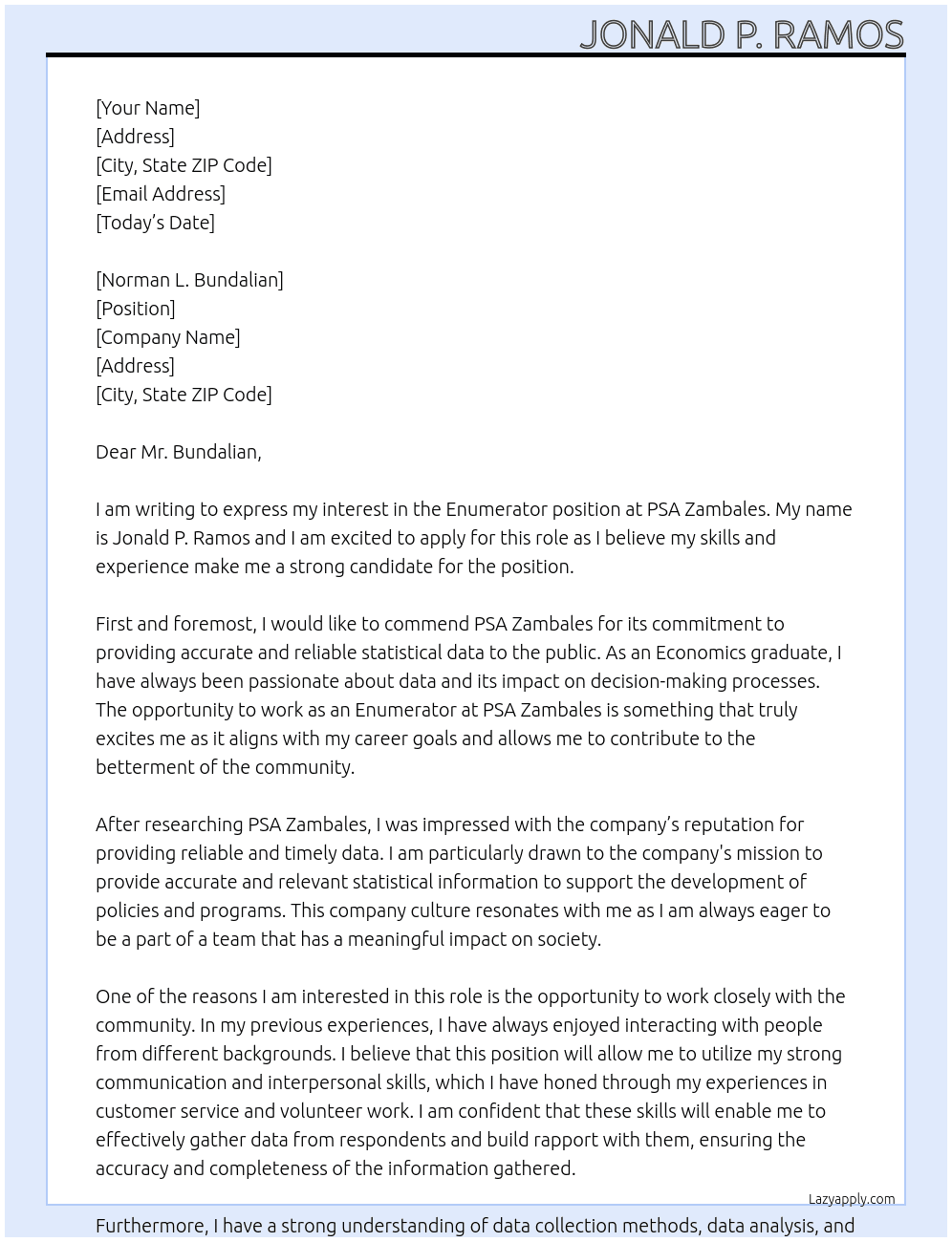 Enumerator At PSA ZAMBALES Cover Letter