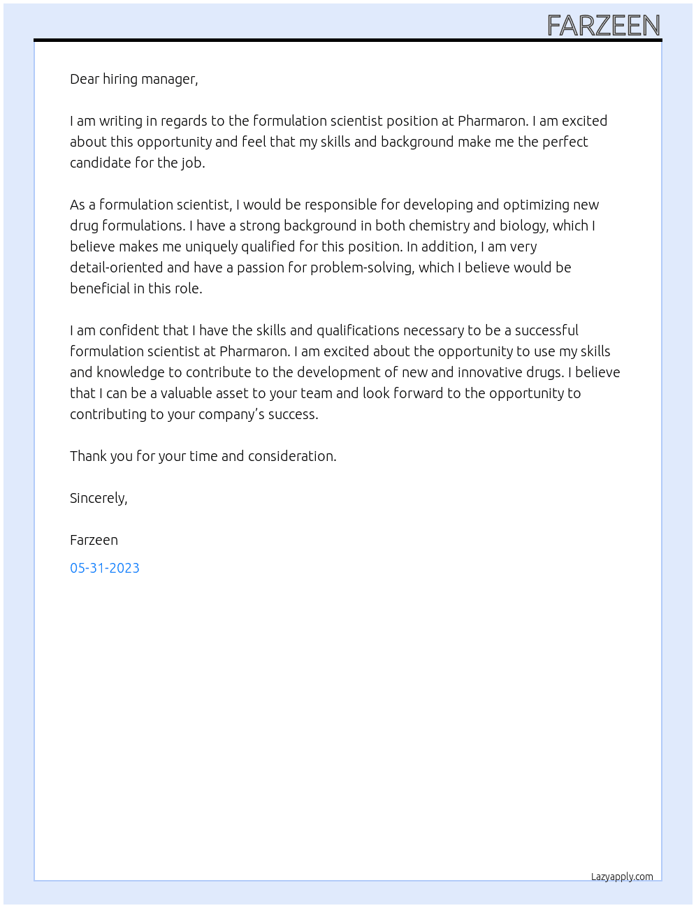 formulation scientist At Pharmaron Cover Letter