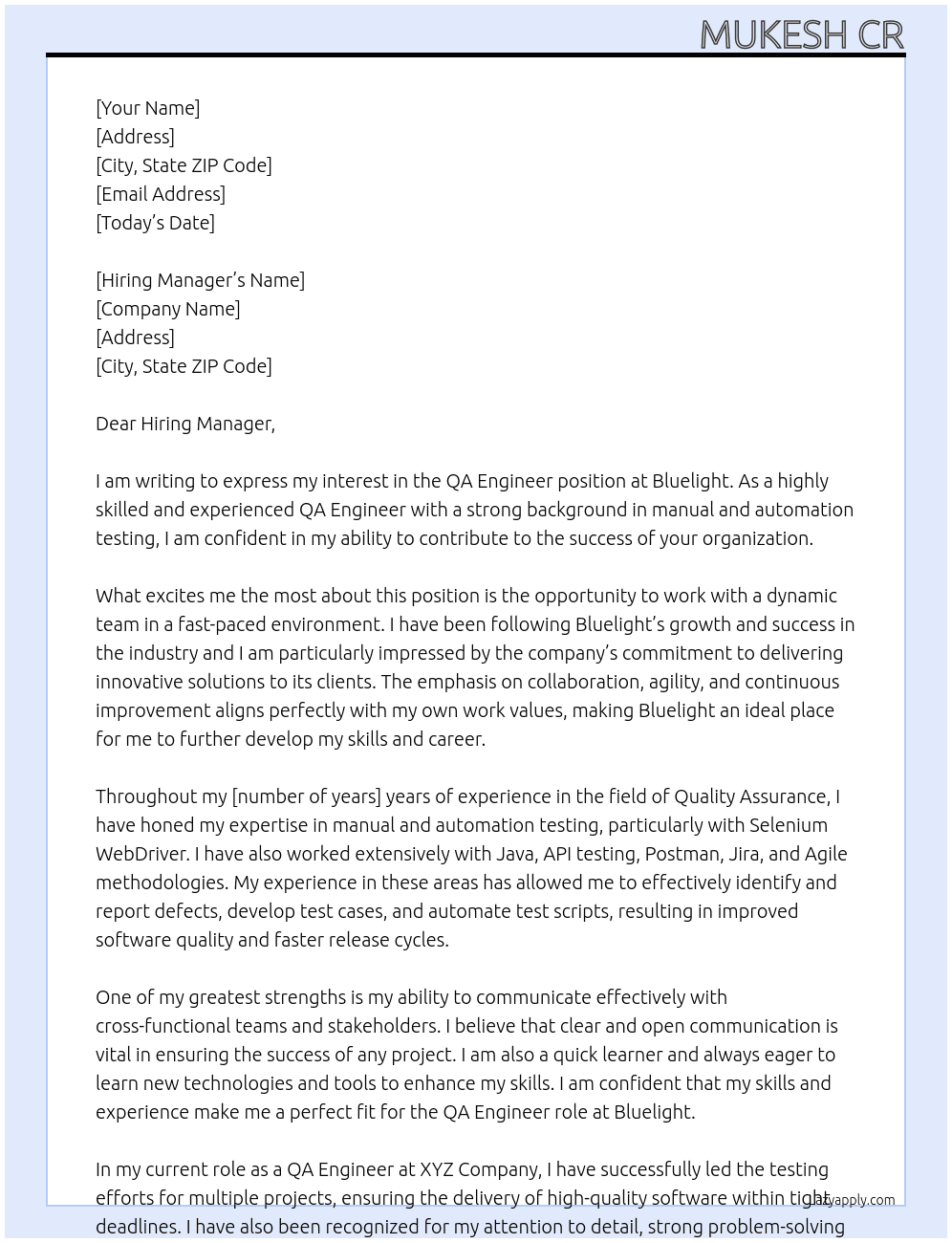 QA Engineer At Bluelight Cover Letter