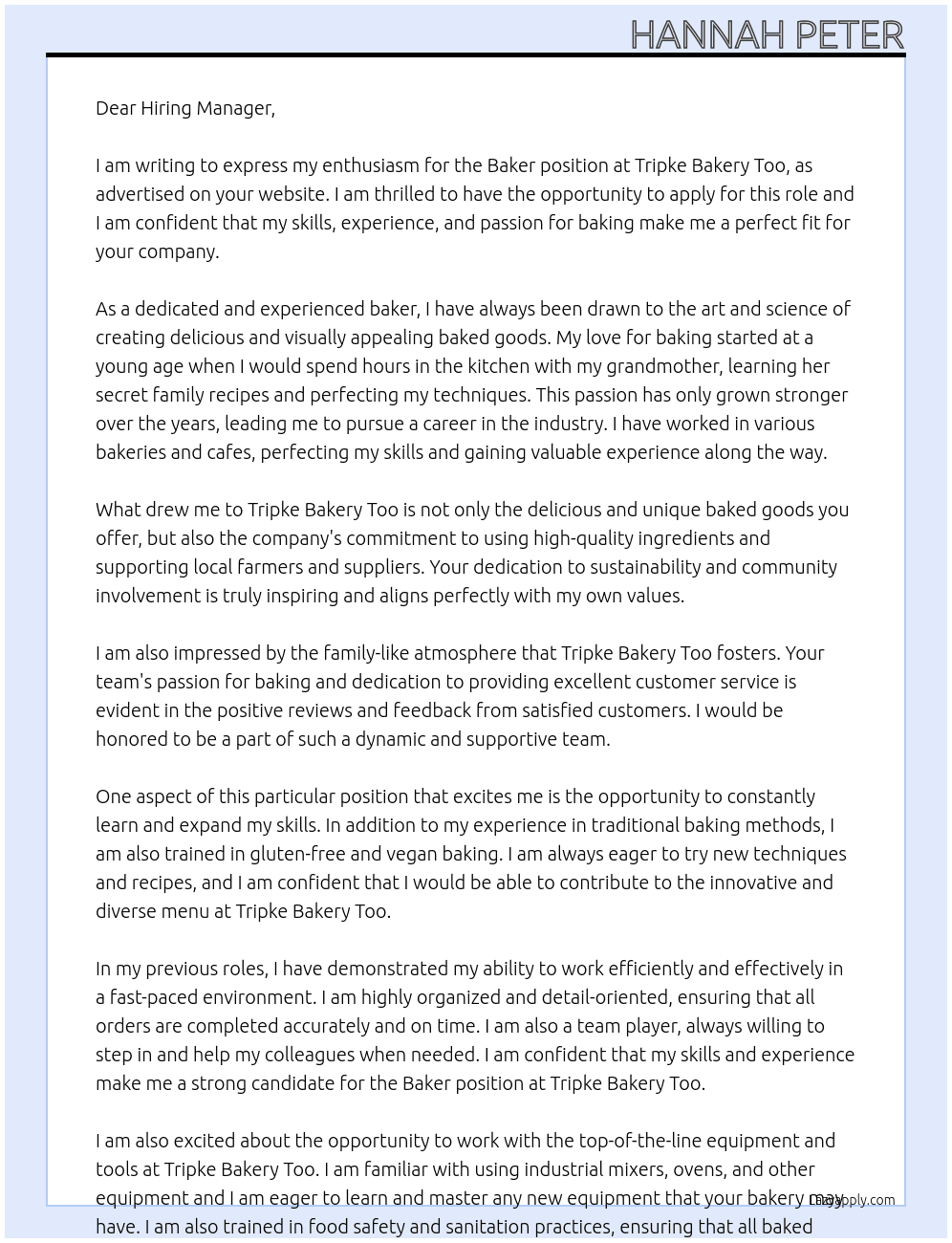 Baker At Tripke Bakery Too Cover Letter
