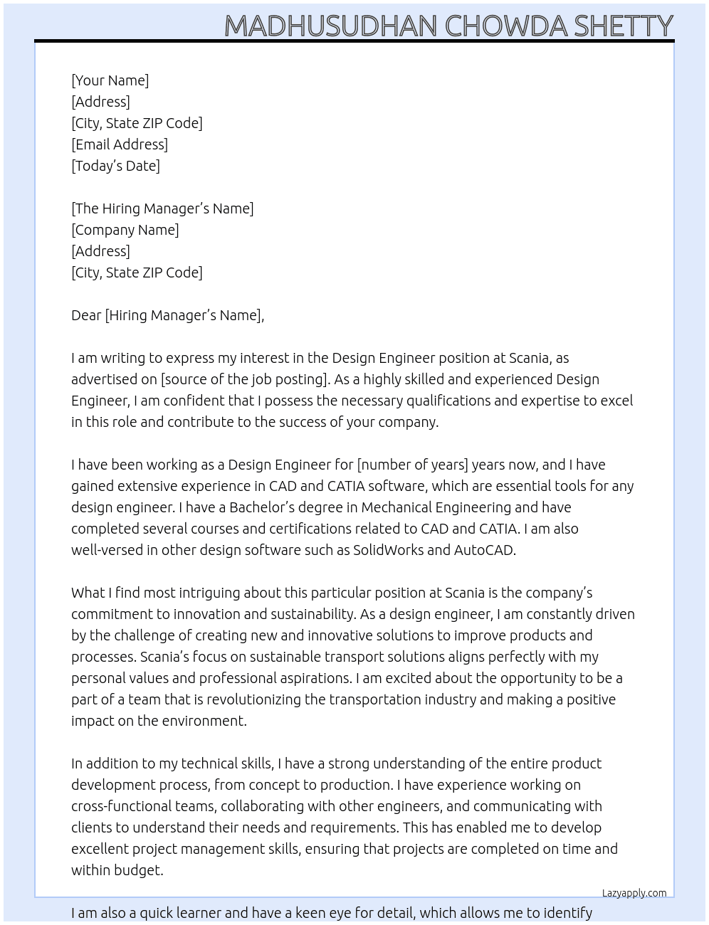 Design Engineer At Scania Cover Letter