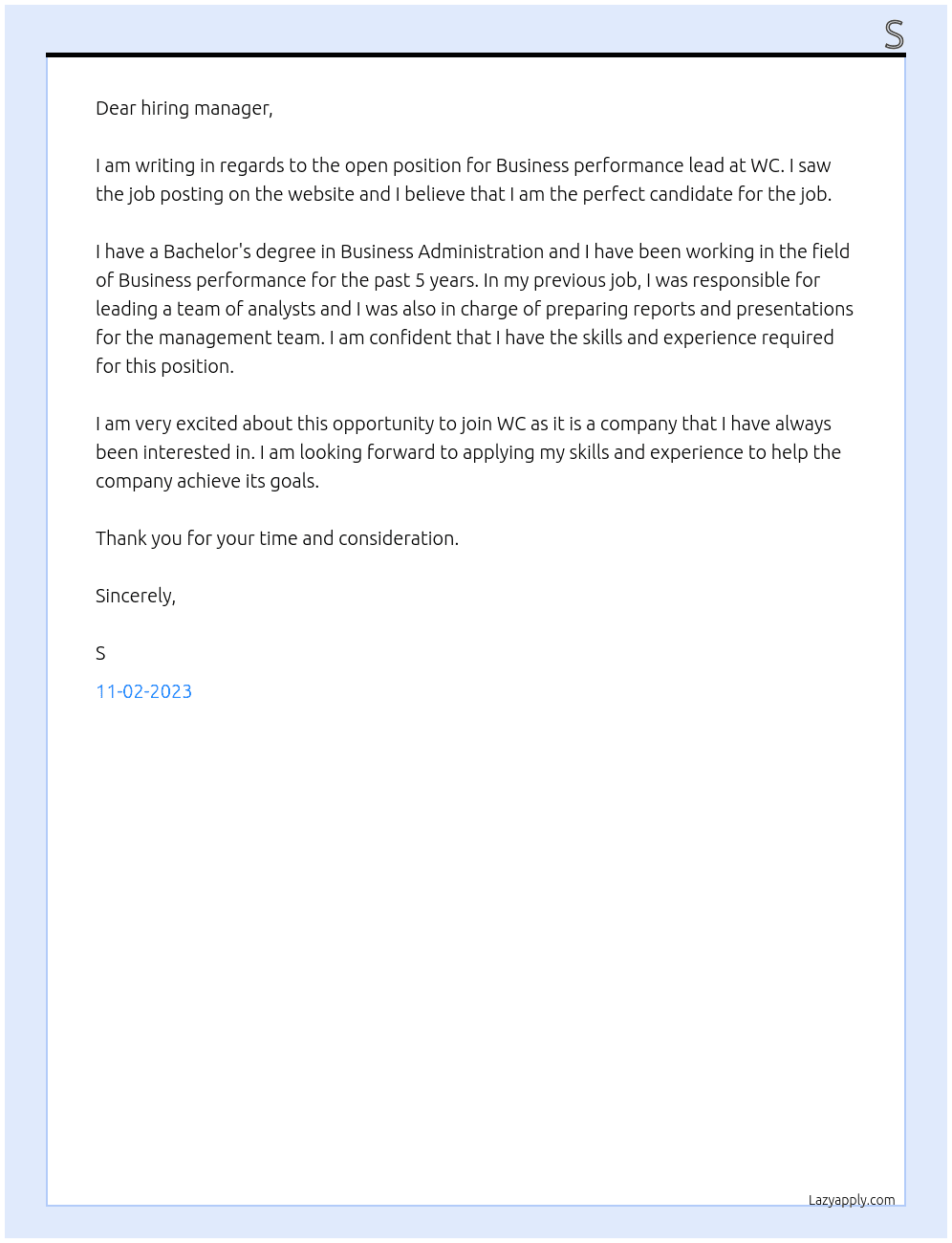 Business performance lead  At WC Cover Letter