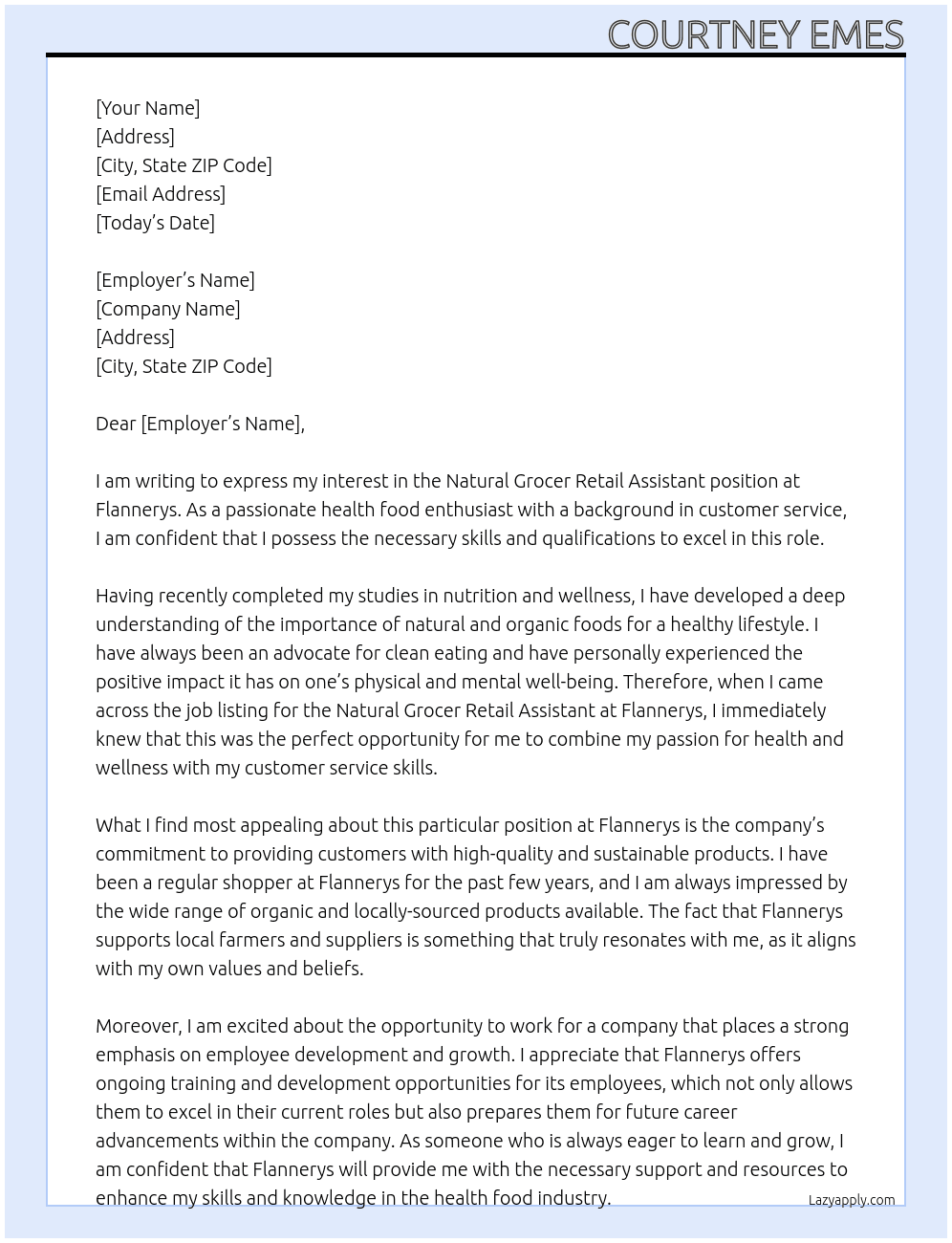 Natural grocer retail assistant At Flannerys Cover Letter
