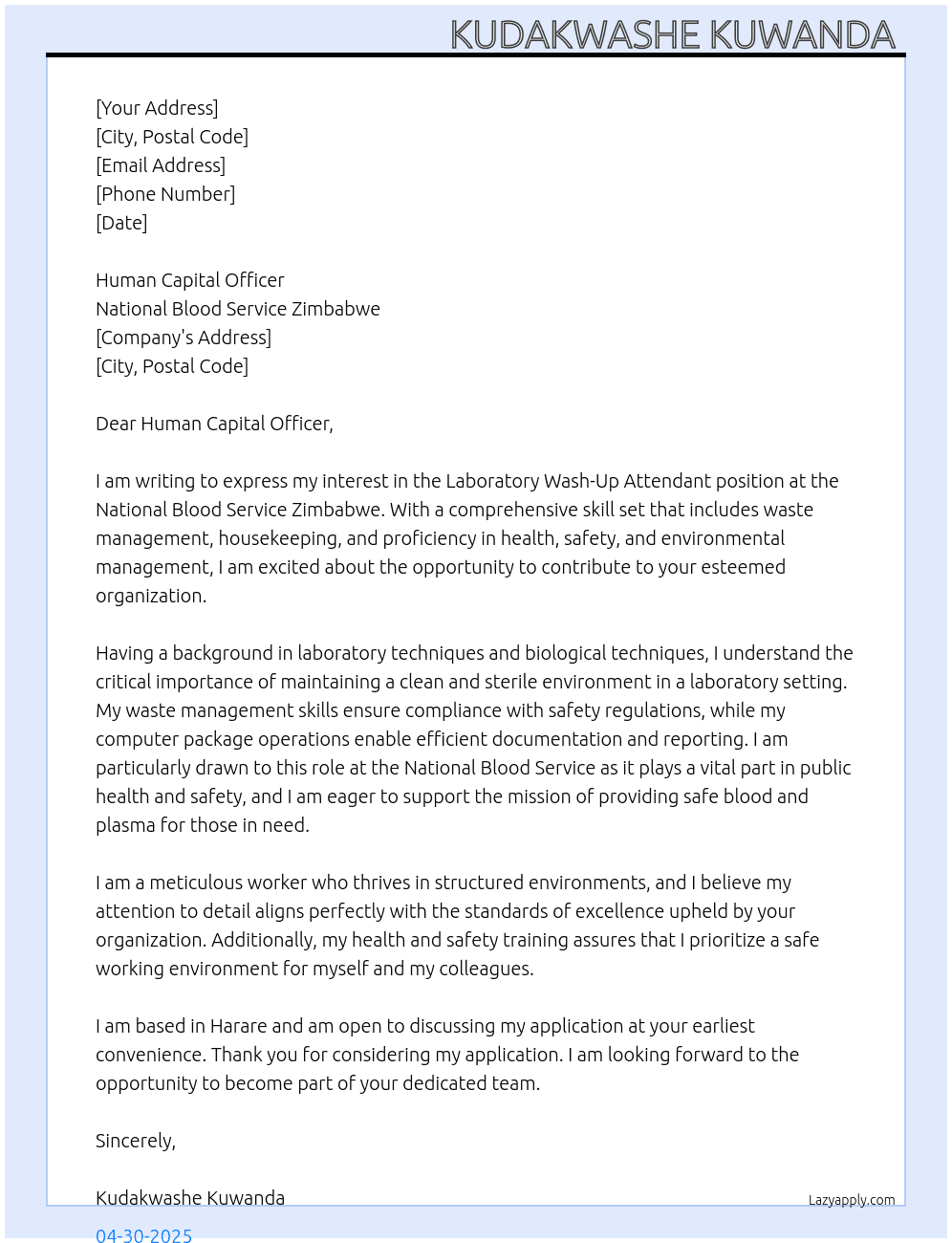 Cover letter for laboratory wash-up attendant - LazyApply
