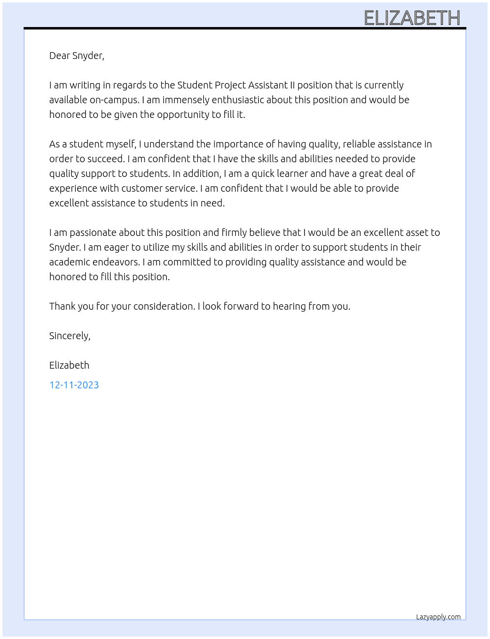 Student Project Assistant II _On-Campus FWS At Snyder Cover Letter
