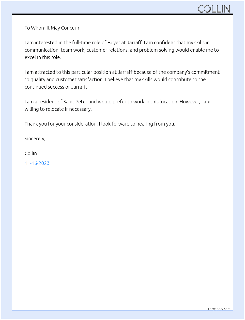 Buyer  At Jarraff  Cover Letter