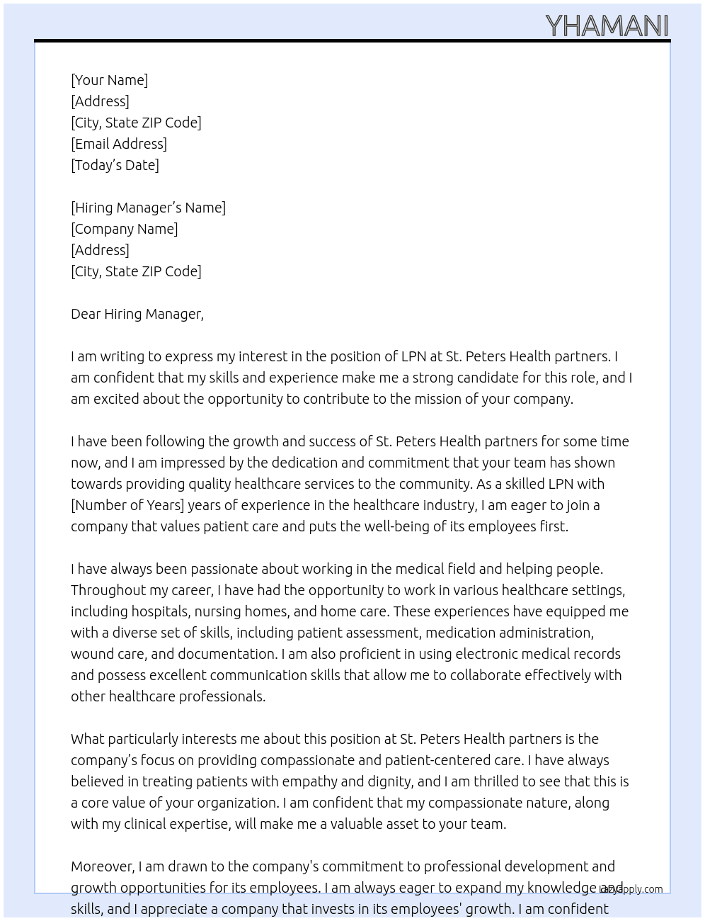 LPN At St.Peters Health partners Cover Letter