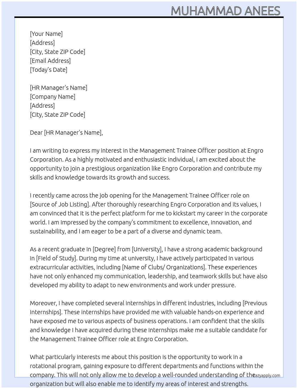 Management Traine Officer  At Engro Corporation  Cover Letter