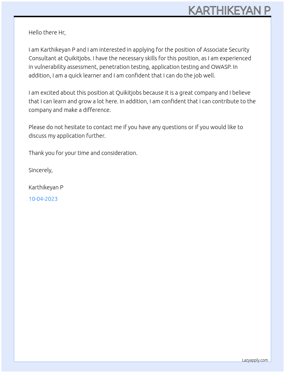 Associate Security Consultant At Quikitjobs Cover Letter