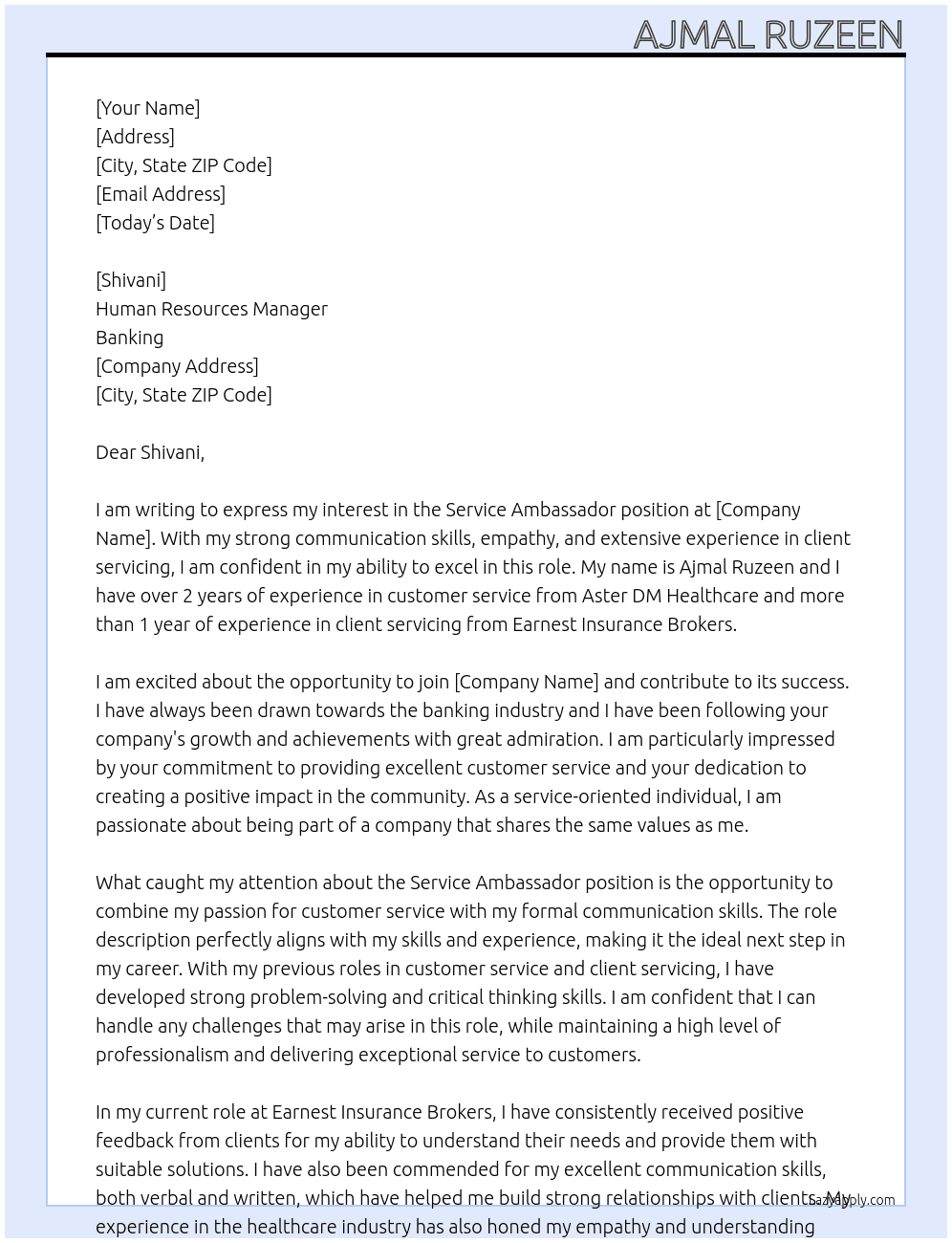 Service ambassador  At Banking Cover Letter