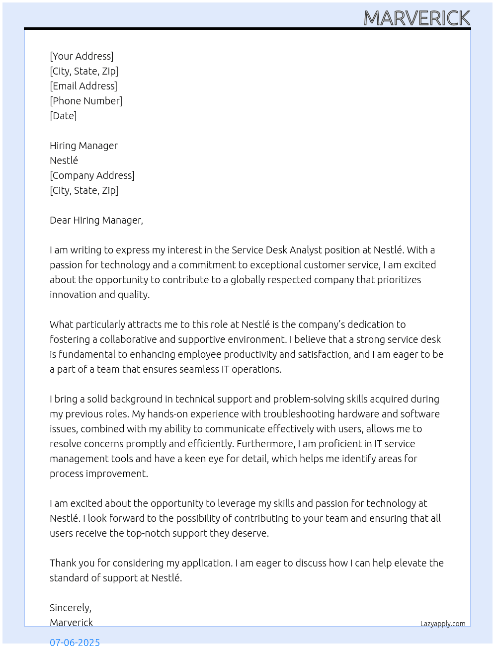 Service desk analyst At Nestle Cover Letter
