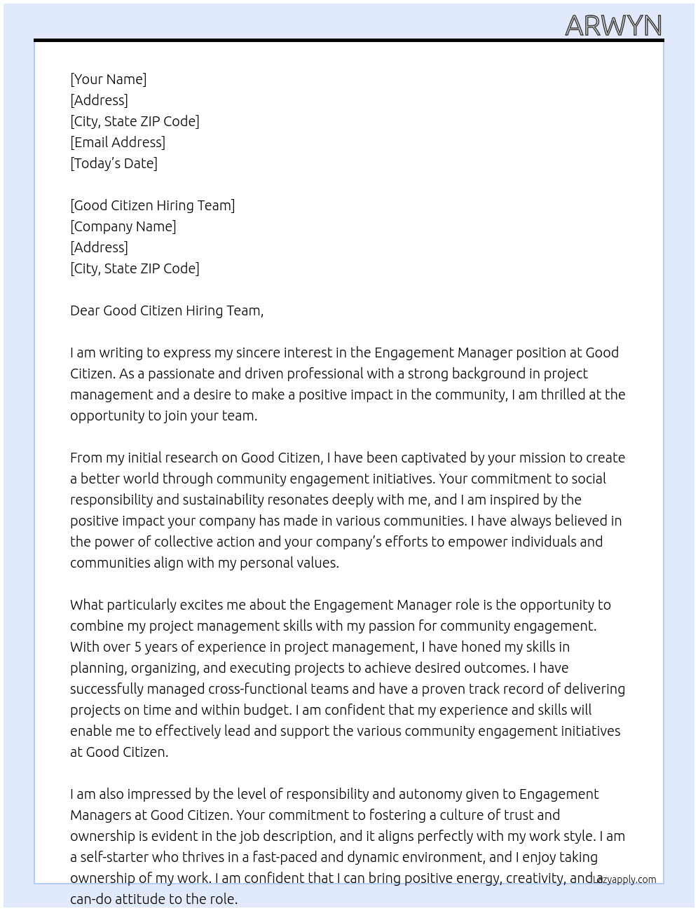 Engagement Manager At Good Citizen Cover Letter