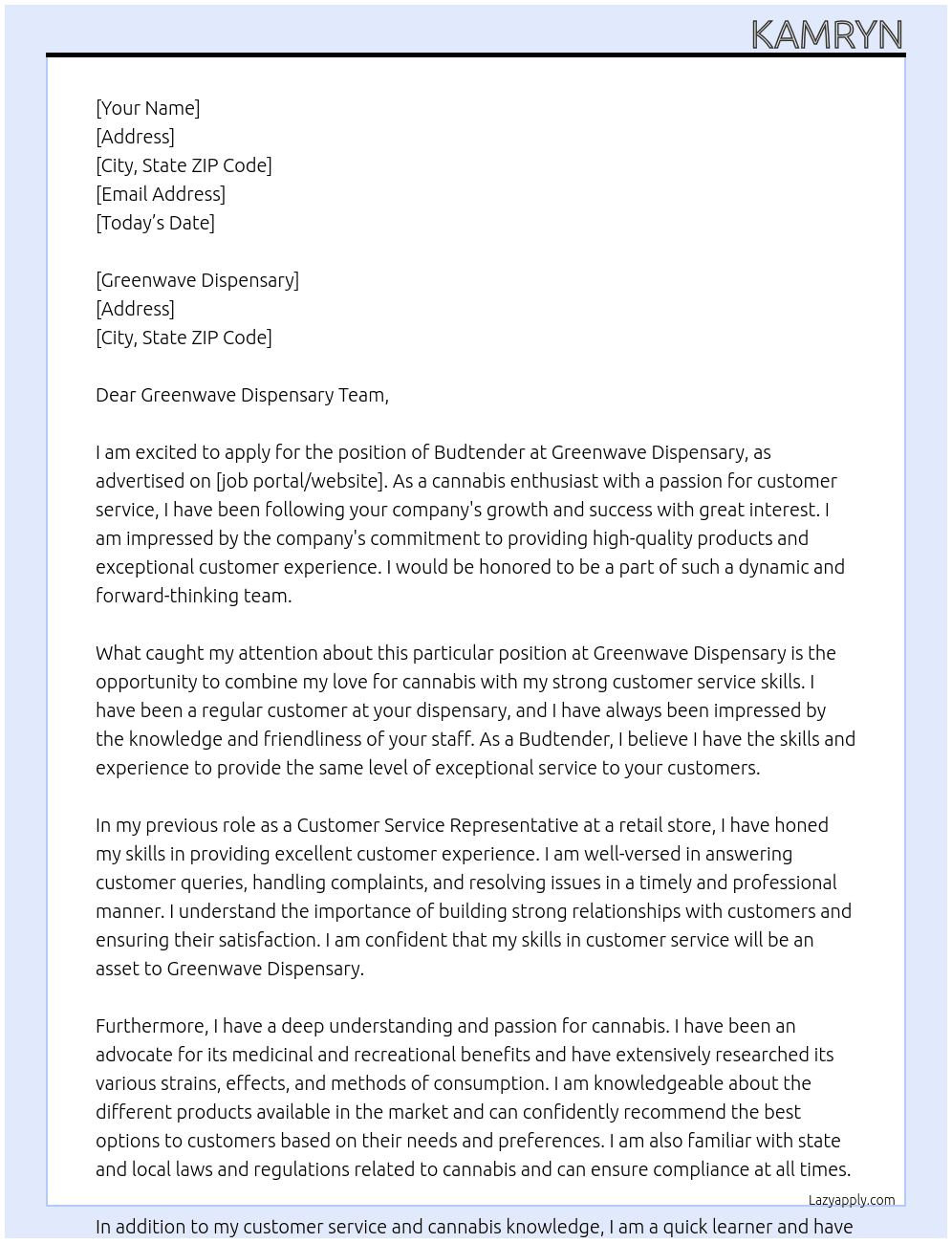 Budtender At Greenwave Dispensary Cover Letter