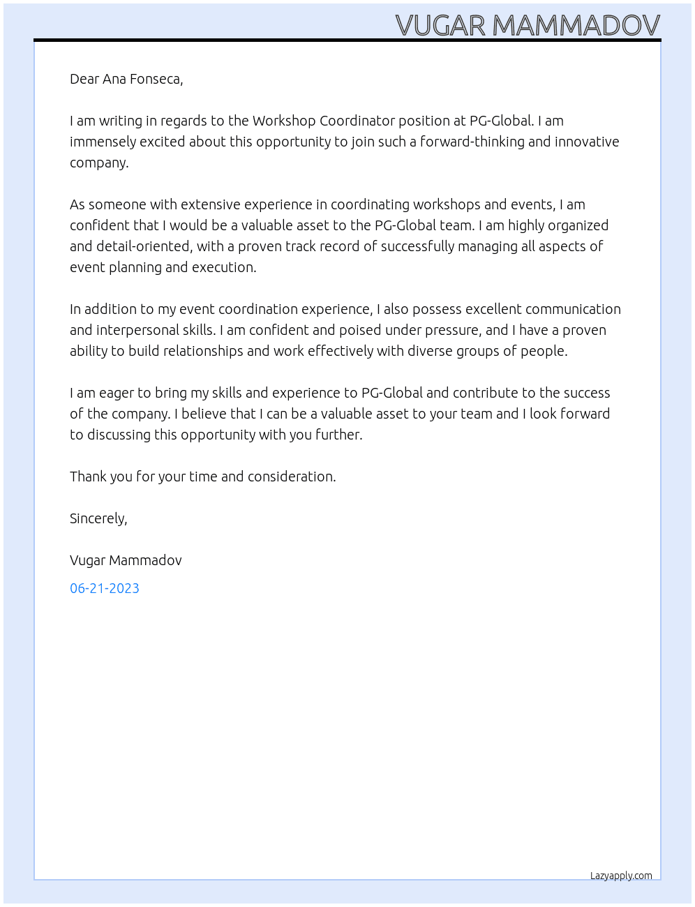 Workshop Coordinator At PG-Global Cover Letter