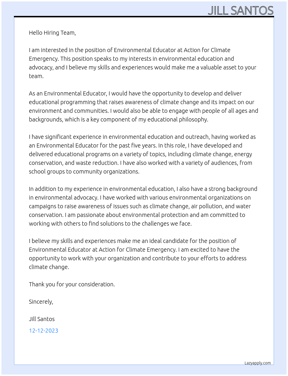 Environmental Educator At Action for Climate Emergency Cover Letter
