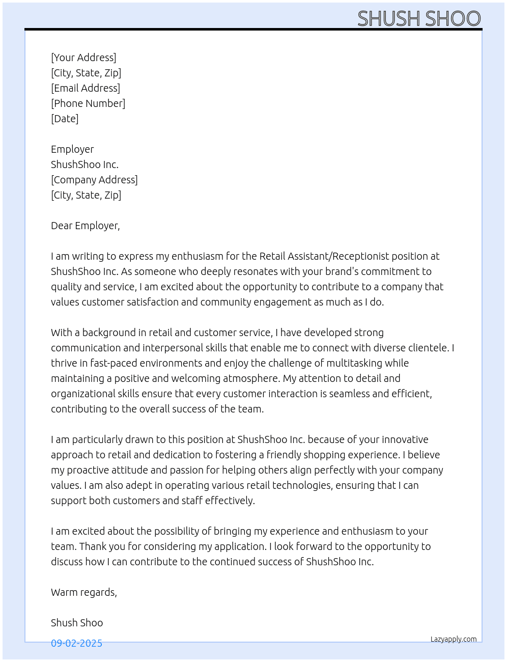 Cover letter for retail assistant/receptionist - LazyApply