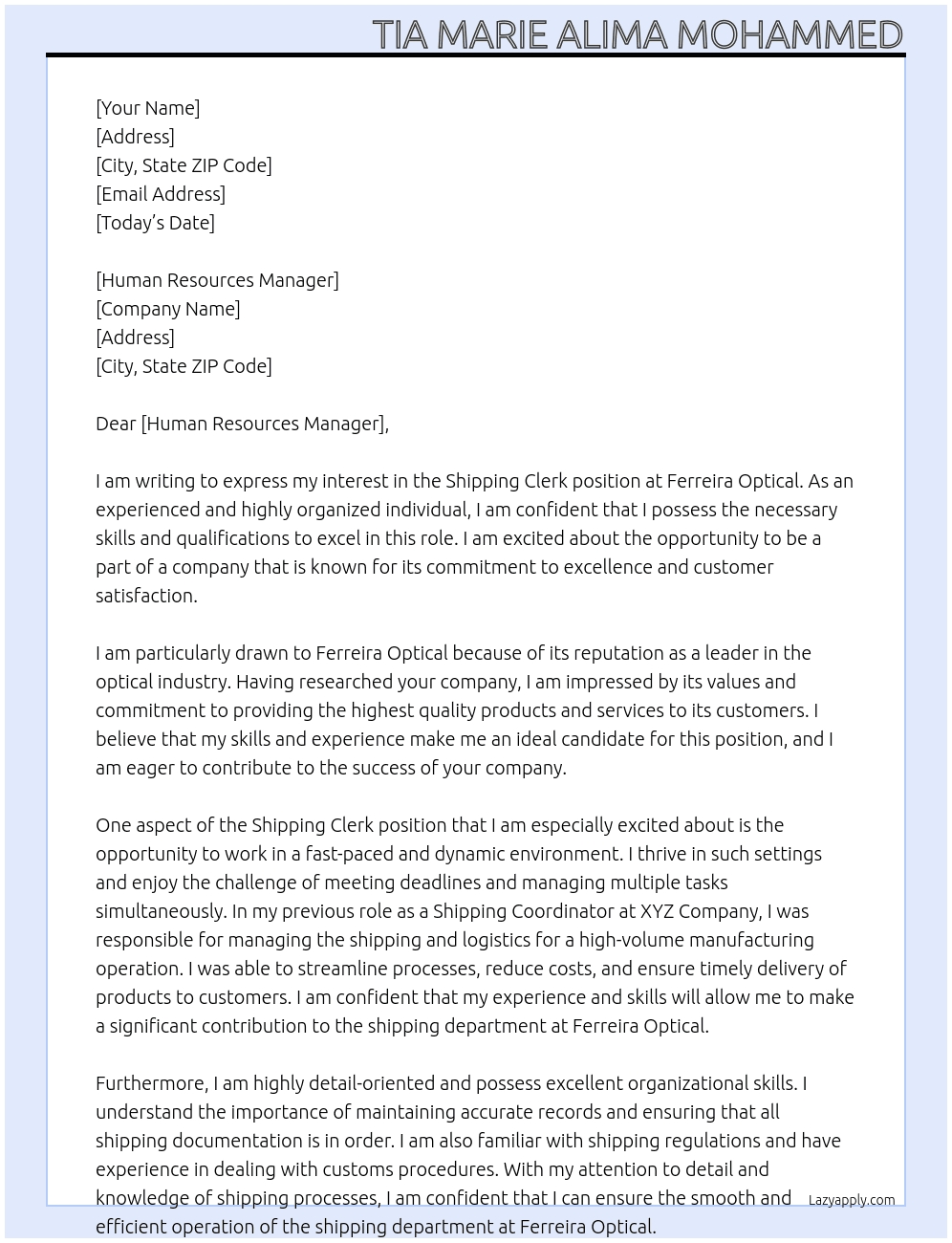 shipping clerk At Ferreira Optical Cover Letter