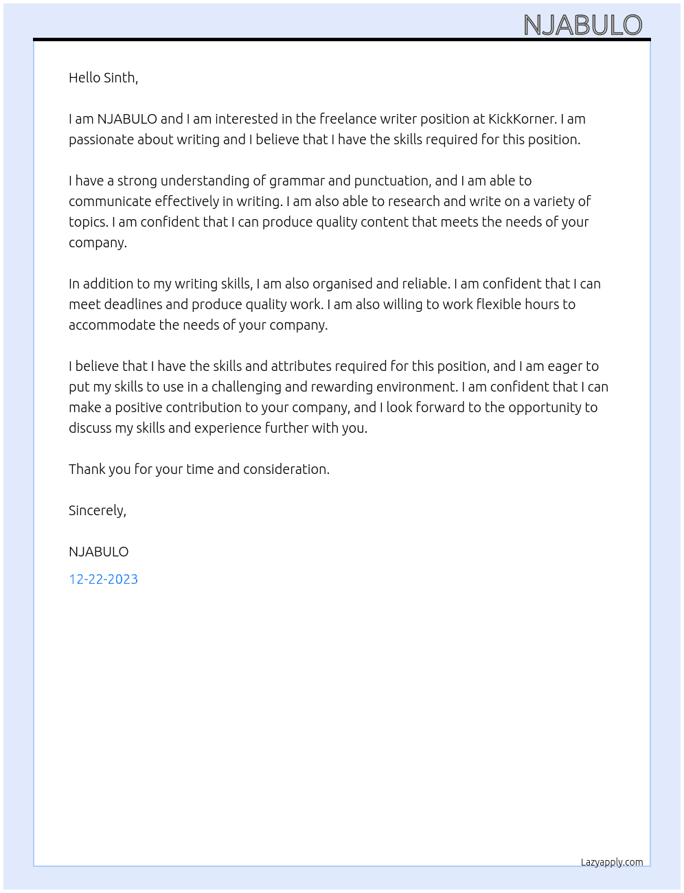 Freelance writer  At KickKorner Cover Letter
