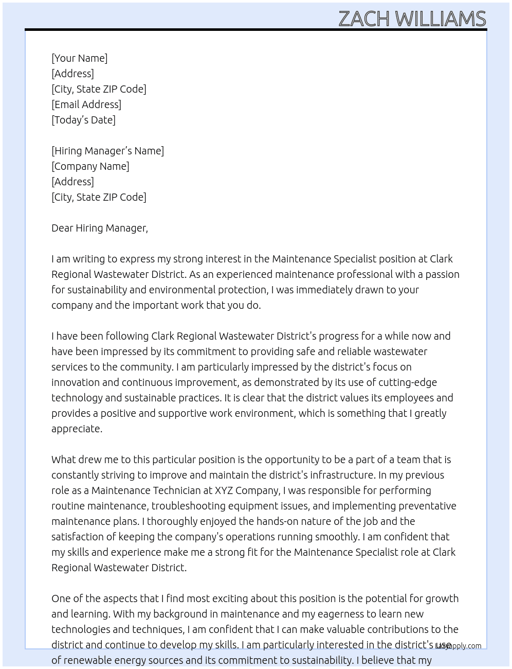 Maintenance Specialist At Clark Regional Wastewater District Cover Letter